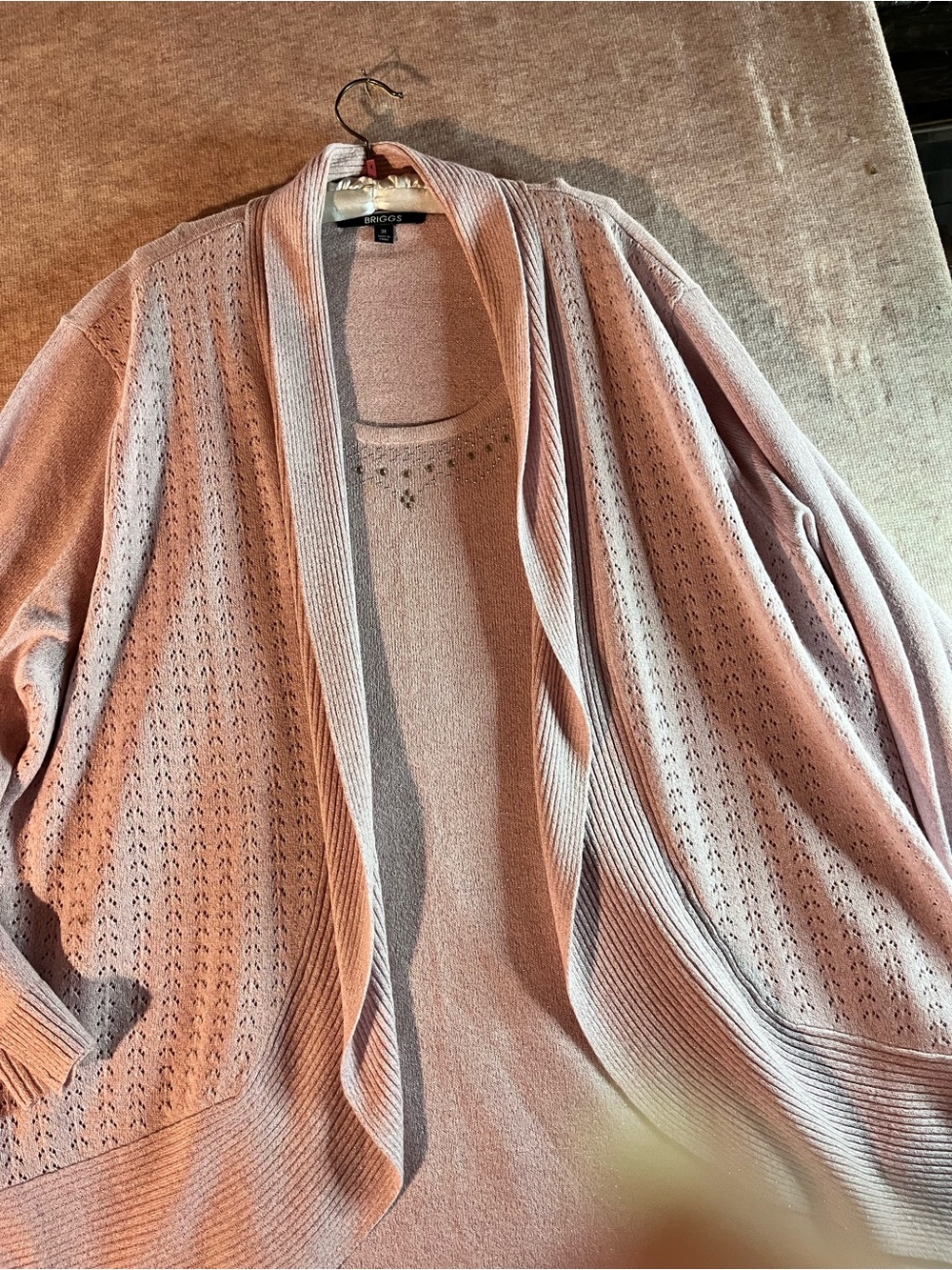 Briggs Light Pink Open-Front Eyelet Cardigan and Sweater All in One